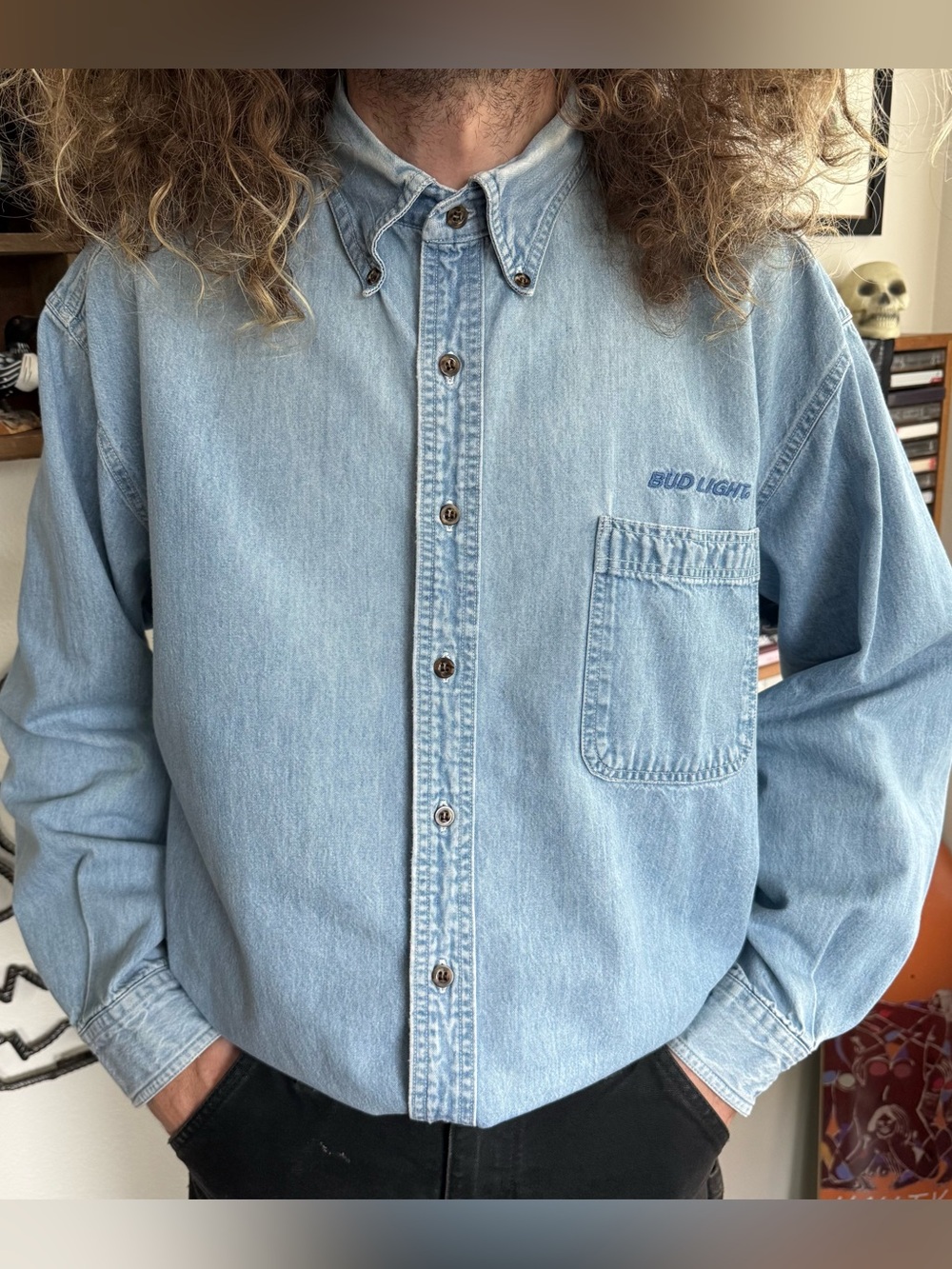 Vintage 90s Bud Light Denim L/S Button Down Shirt ~ Size Large